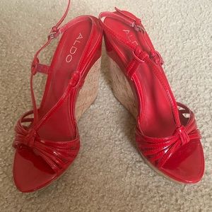 Women’s red paten leather wedge heel sandals